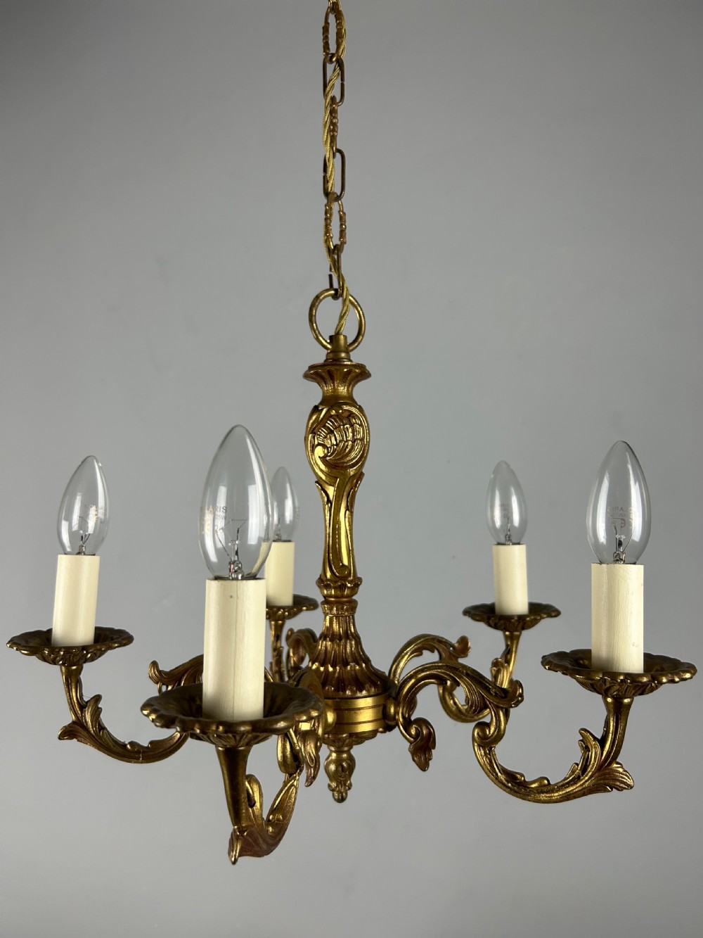 French Gilt Brass 5 Light Chandelier