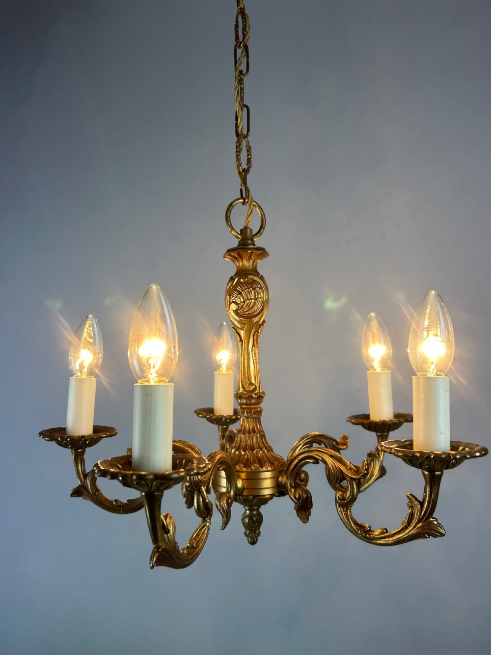 French Gilt Brass 5 Light Chandelier View III