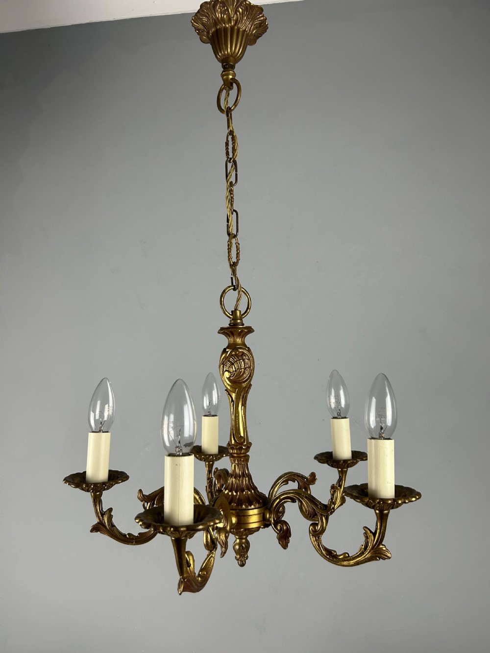 French Gilt Brass 5 Light Chandelier View V