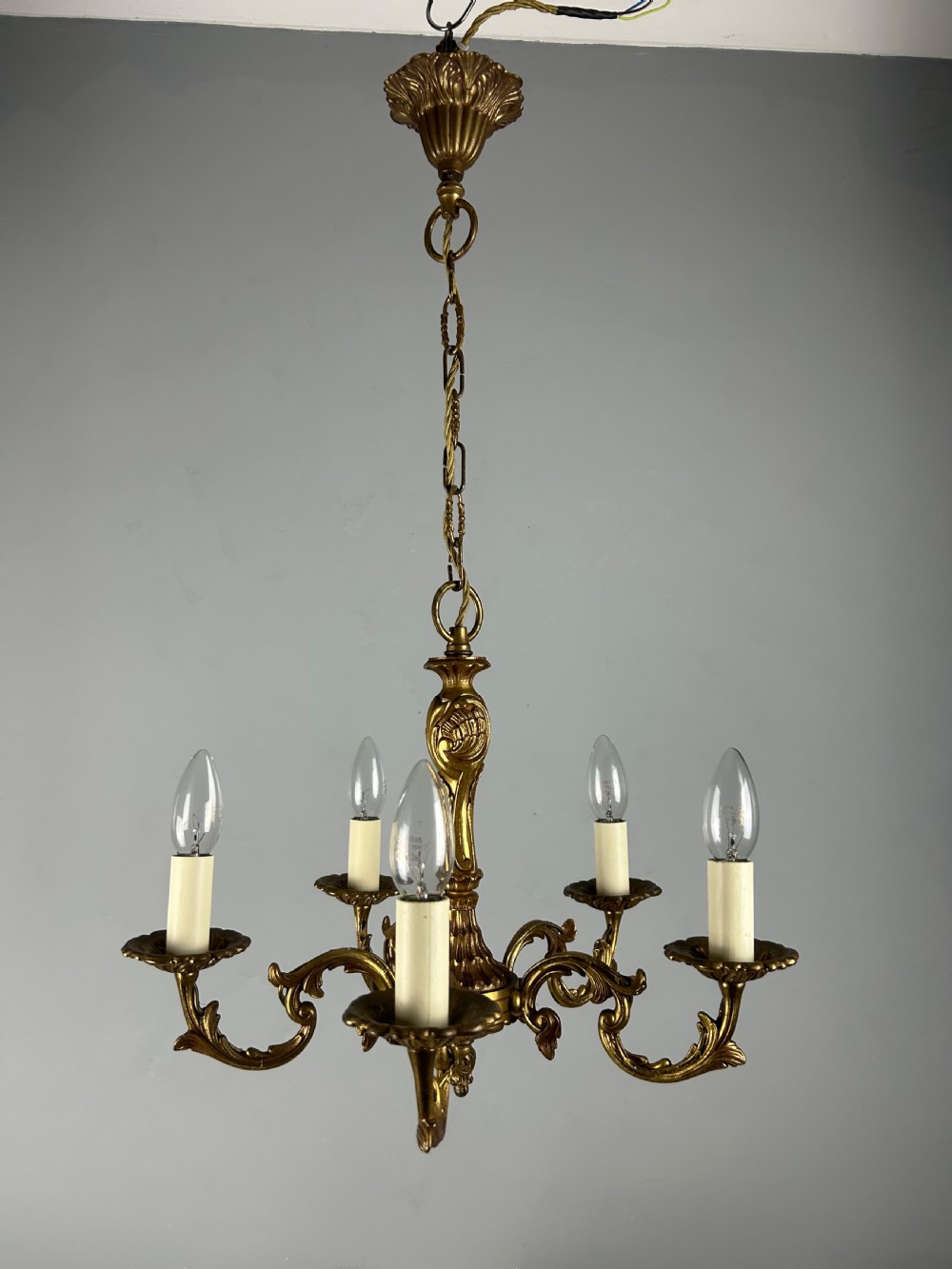 French Gilt Brass 5 Light Chandelier View VI