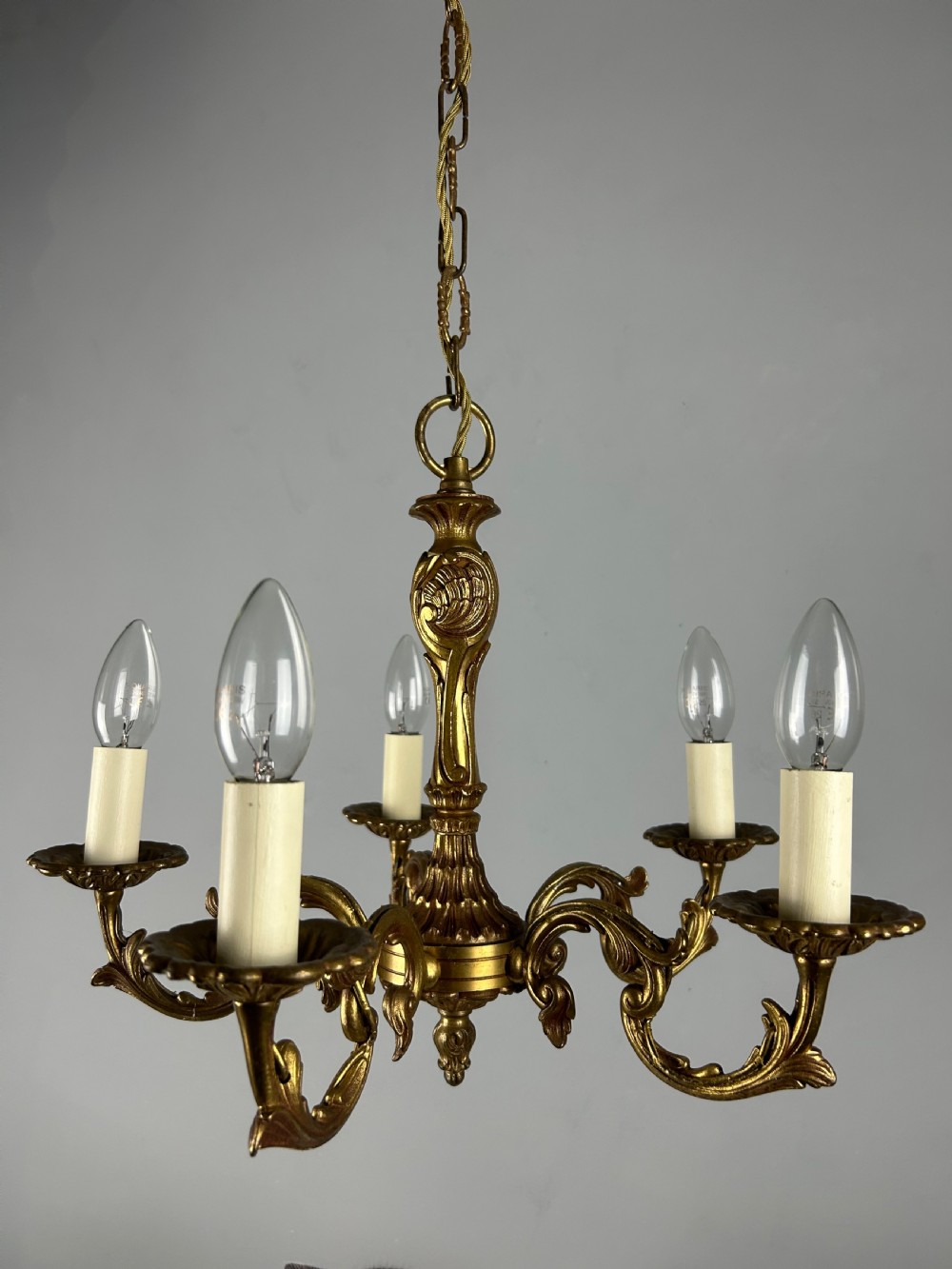 French Gilt Brass 5 Light Chandelier View IX