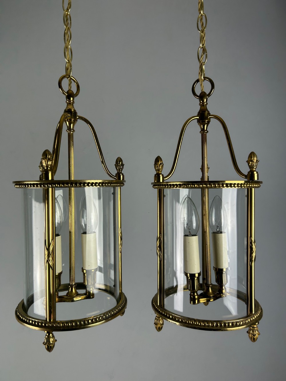Pair of French Gilded Brass Twin Light Hall Lanterns, Rewired