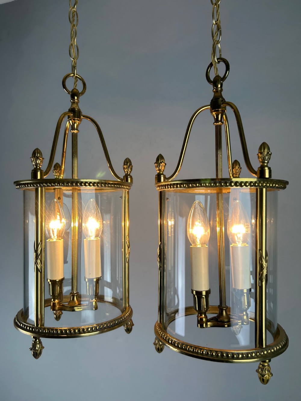 Pair of French Gilded Brass Twin Light Hall Lanterns, Rewired View III
