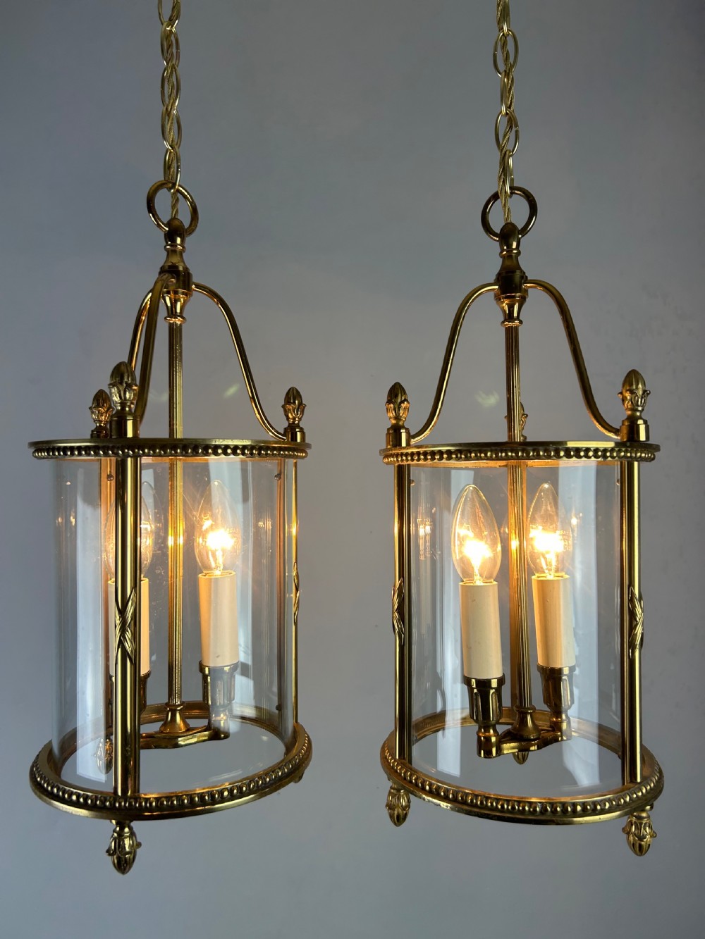 Pair of French Gilded Brass Twin Light Hall Lanterns, Rewired View IV