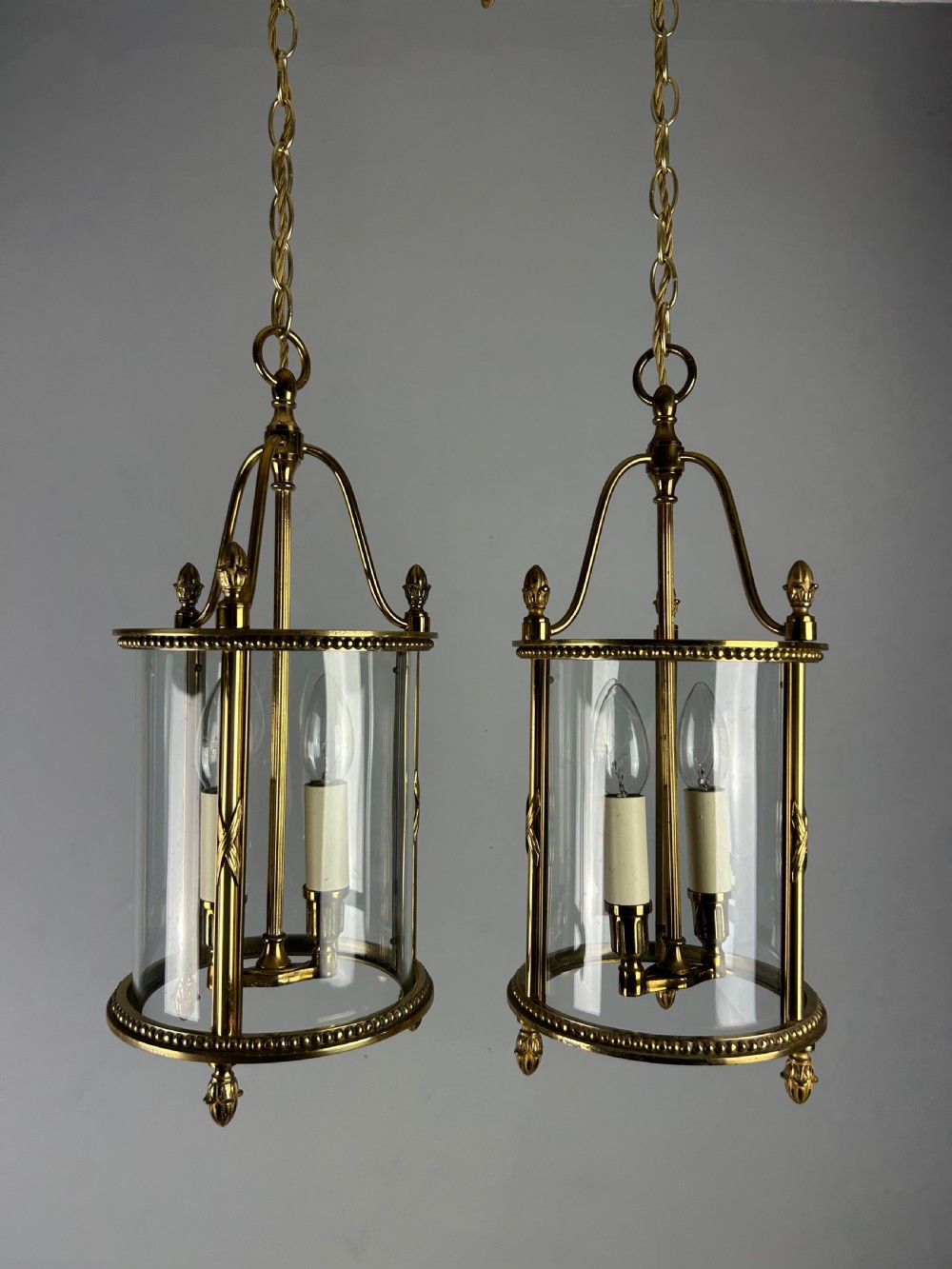 Pair of French Gilded Brass Twin Light Hall Lanterns, Rewired View V
