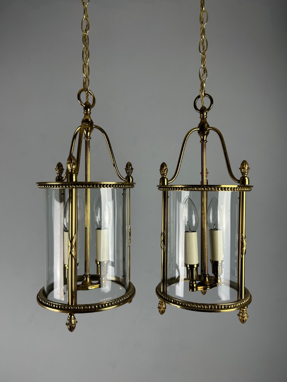 Pair of French Gilded Brass Twin Light Hall Lanterns, Rewired View VI