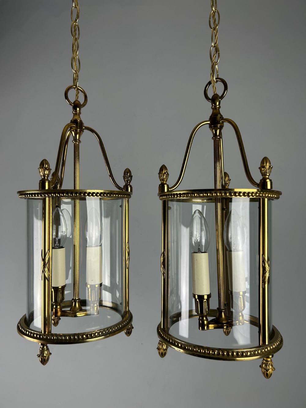 Pair of French Gilded Brass Twin Light Hall Lanterns, Rewired View XII