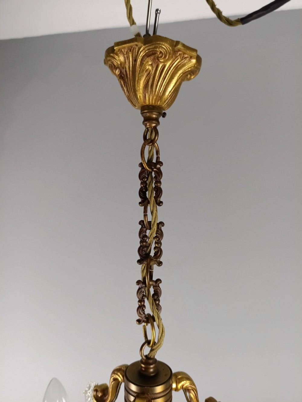 French Gilded Bronze Crystal Triple Light Antique Chandelier View II