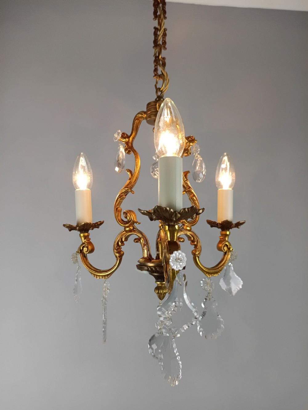 French Gilded Bronze Crystal Triple Light Antique Chandelier View III