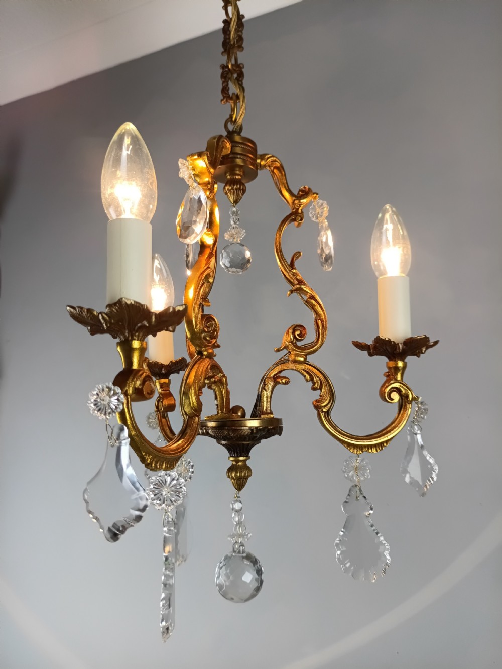 French Gilded Bronze Crystal Triple Light Antique Chandelier View IV