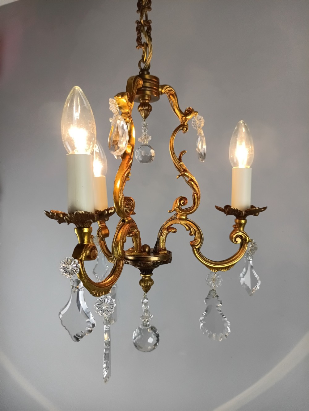 French Gilded Bronze Crystal Triple Light Antique Chandelier View V