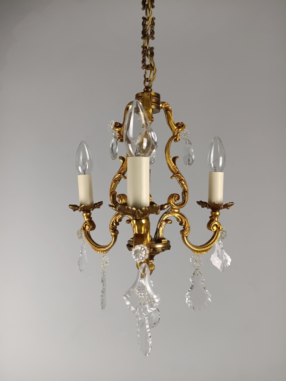 French Gilded Bronze Crystal Triple Light Antique Chandelier View VI