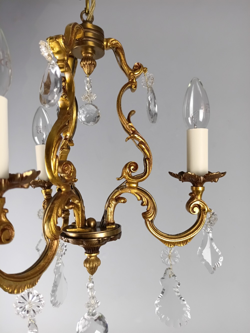 French Gilded Bronze Crystal Triple Light Antique Chandelier View VII