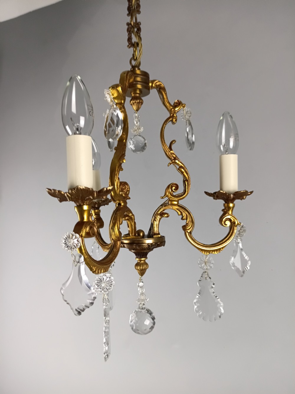 French Gilded Bronze Crystal Triple Light Antique Chandelier View VIII