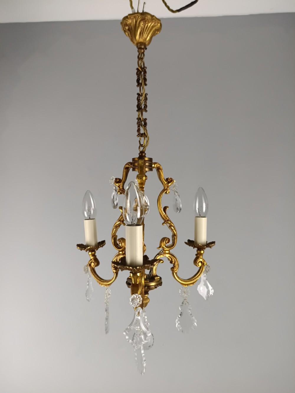 French Gilded Bronze Crystal Triple Light Antique Chandelier View IX