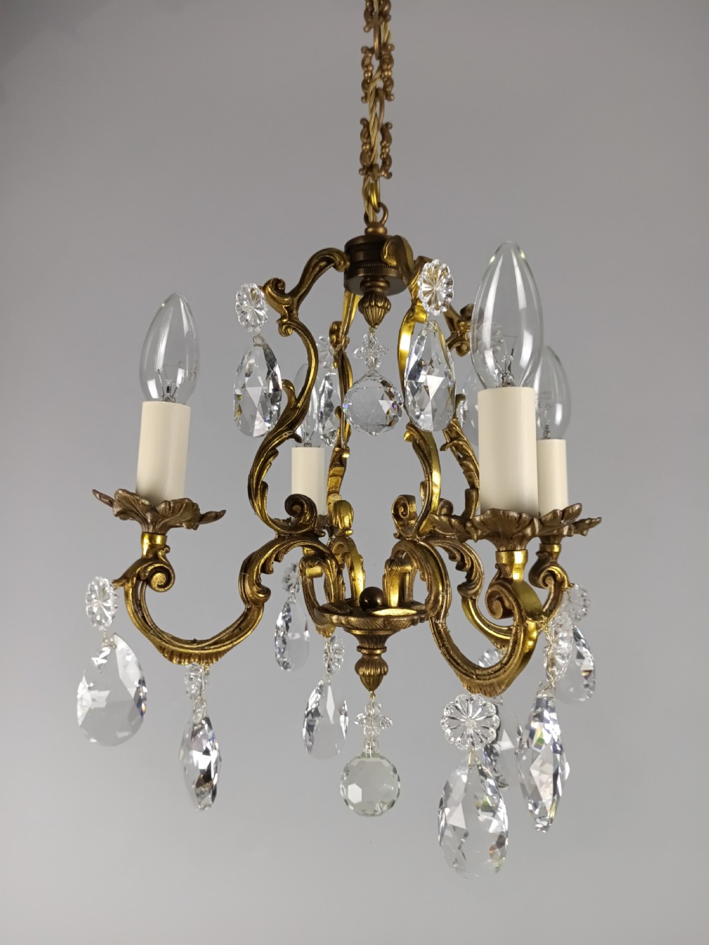 French Gilded & Crystal 4 Light Chandelier