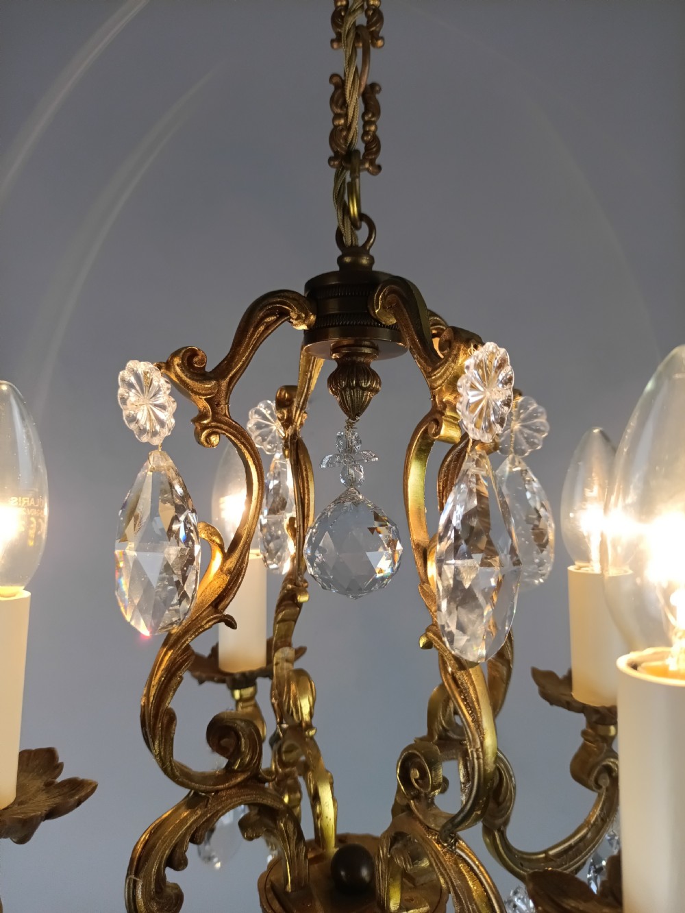 French Gilded & Crystal 4 Light Chandelier View V
