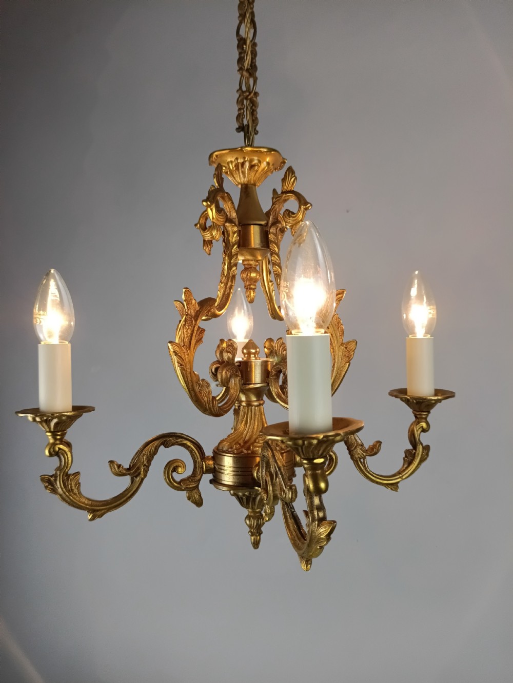 French Gilt Brass 4 Light Chandelier View IV