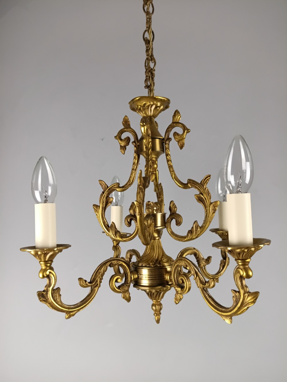 French Gilt Brass 4 Light Chandelier View IX