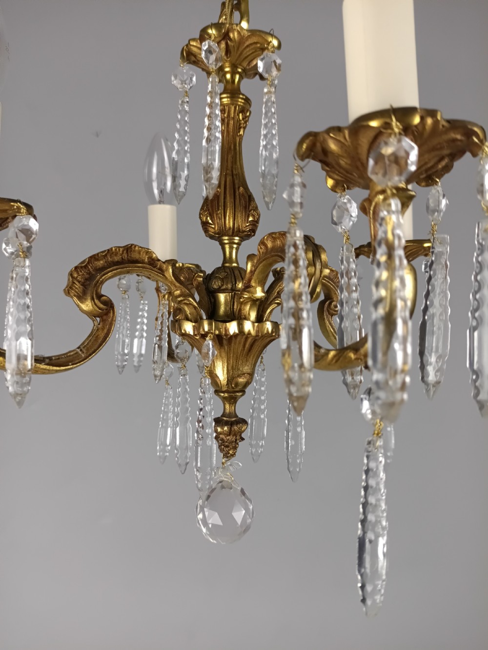 French Gilded Brass 4 Light Chandelier with Glass Icicles  View II