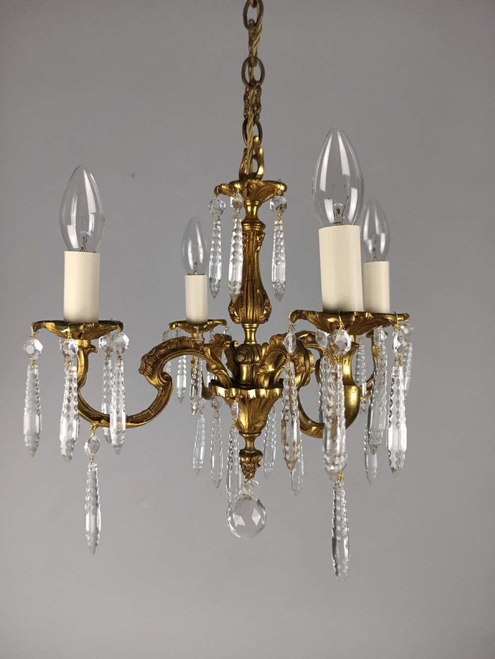 French Gilded Brass 4 Light Chandelier with Glass Icicles 