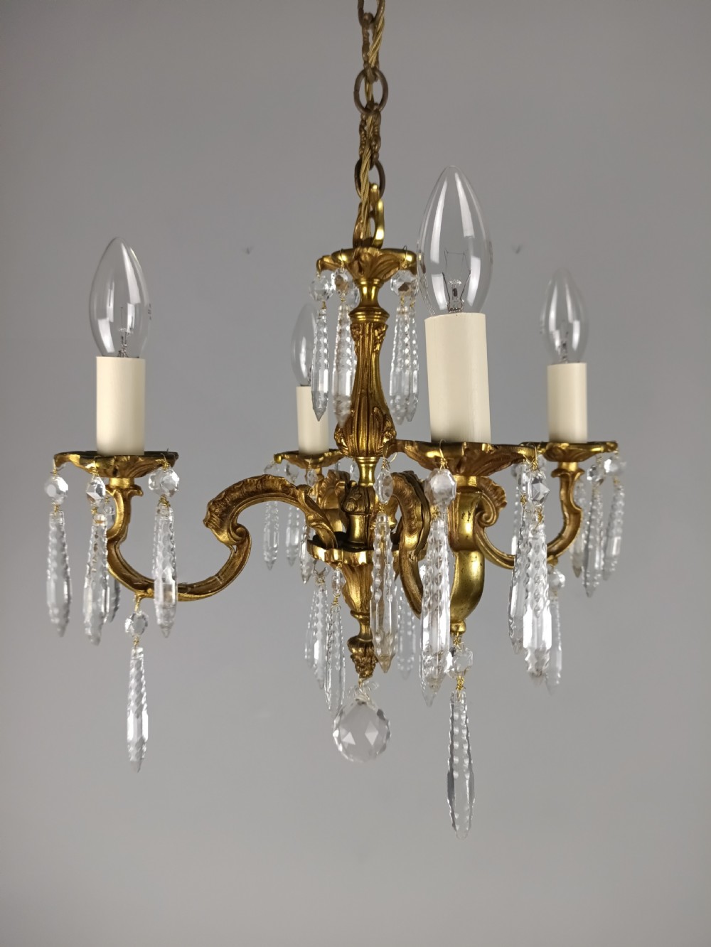 French Gilded Brass 4 Light Chandelier with Glass Icicles  View III
