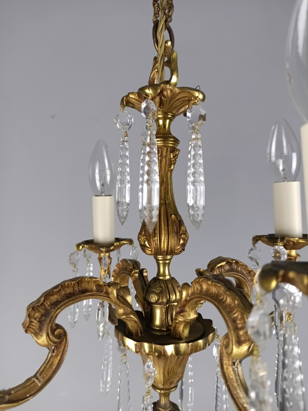 French Gilded Brass 4 Light Chandelier with Glass Icicles  View IV
