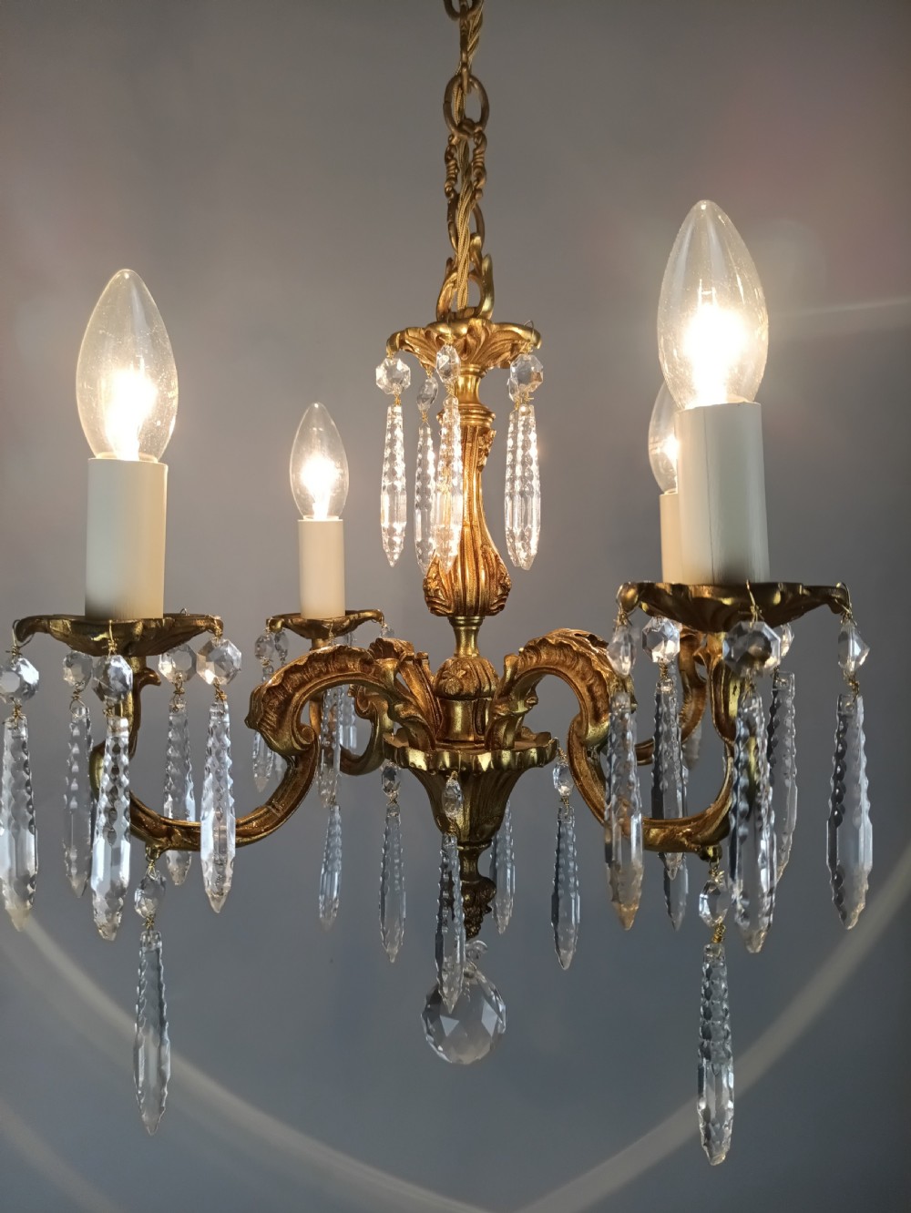 French Gilded Brass 4 Light Chandelier with Glass Icicles  View V