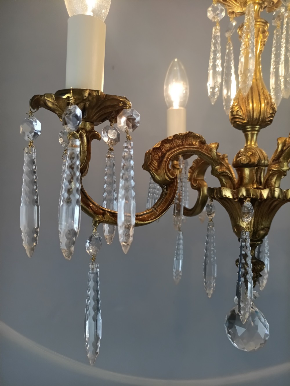 French Gilded Brass 4 Light Chandelier with Glass Icicles  View VI
