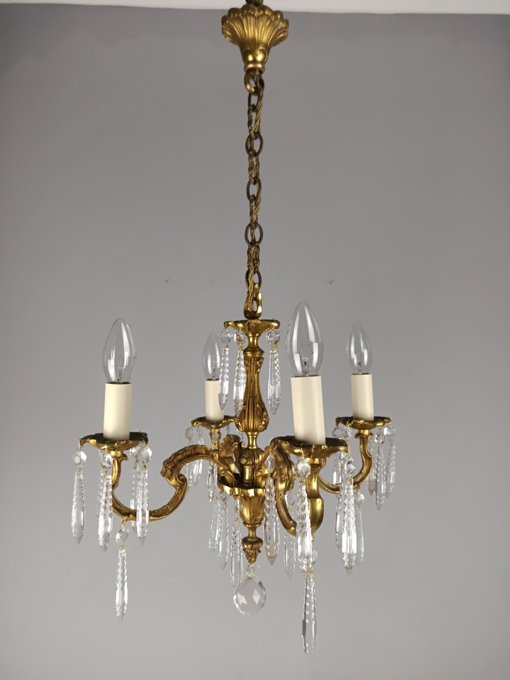 French Gilded Brass 4 Light Chandelier with Glass Icicles  View VIII