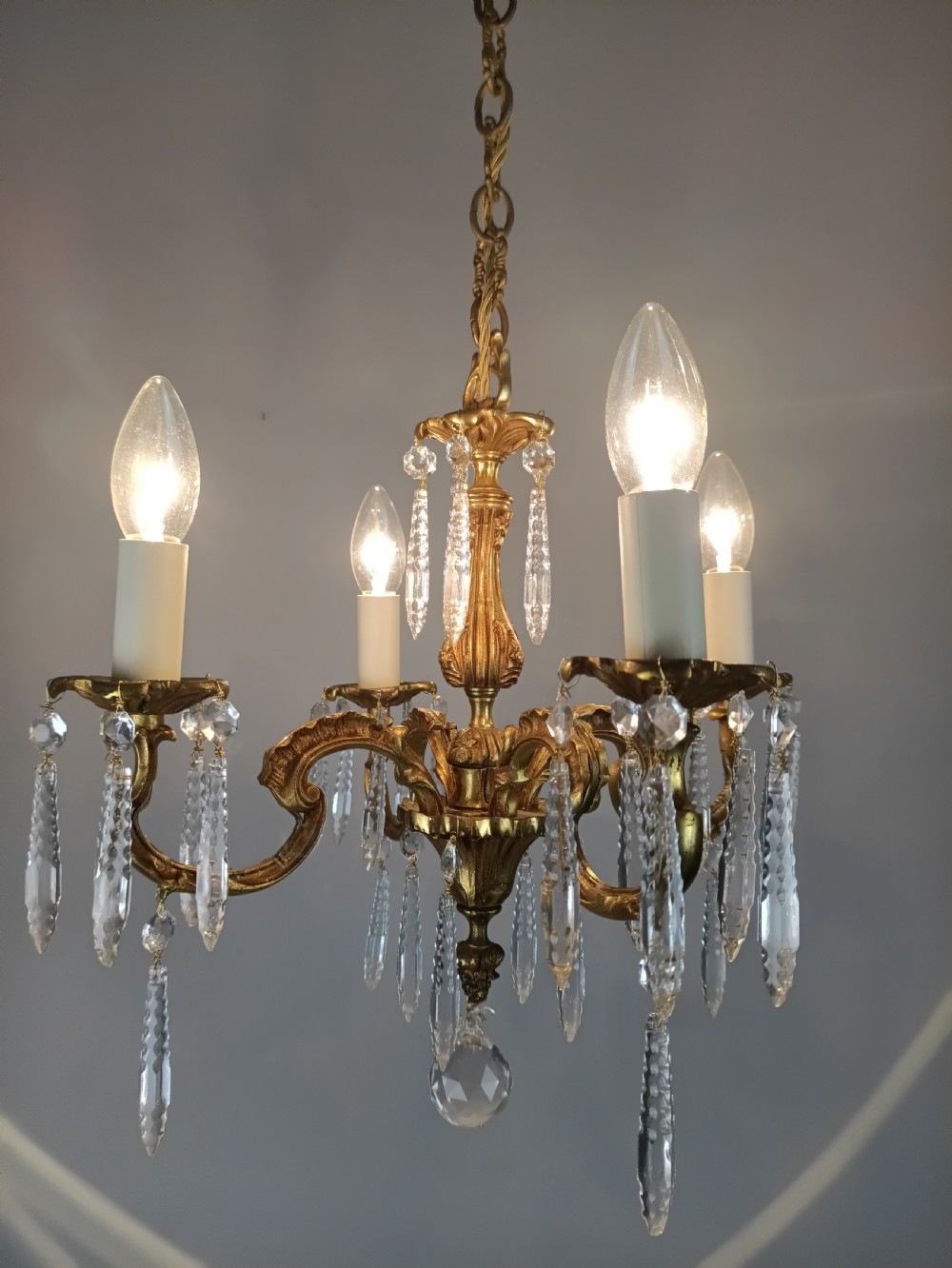 French Gilded Brass 4 Light Chandelier with Glass Icicles  View X