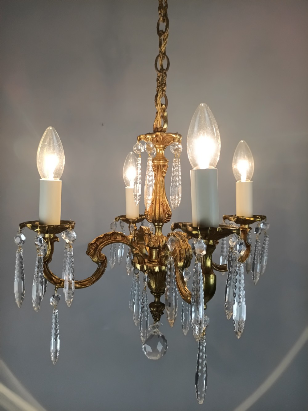 French Gilded Brass 4 Light Chandelier with Glass Icicles  View XI