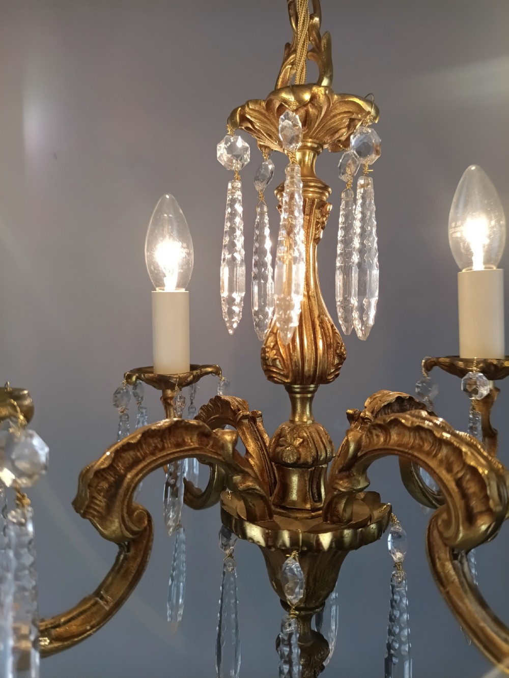 French Gilded Brass 4 Light Chandelier with Glass Icicles  View XII