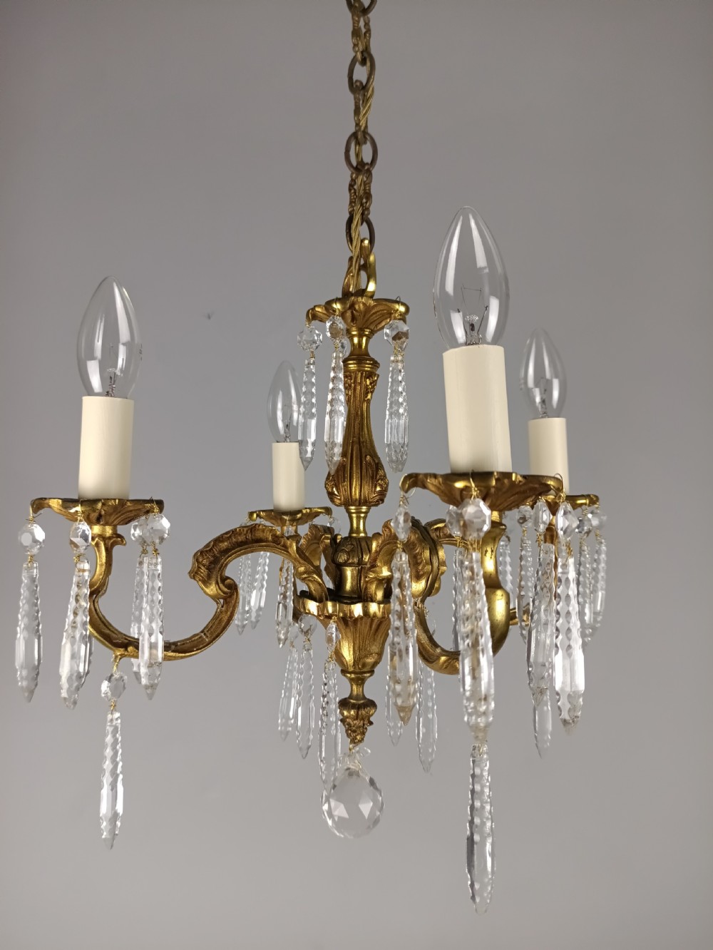 French Gilded Brass 4 Light Chandelier with Glass Icicles  View XV