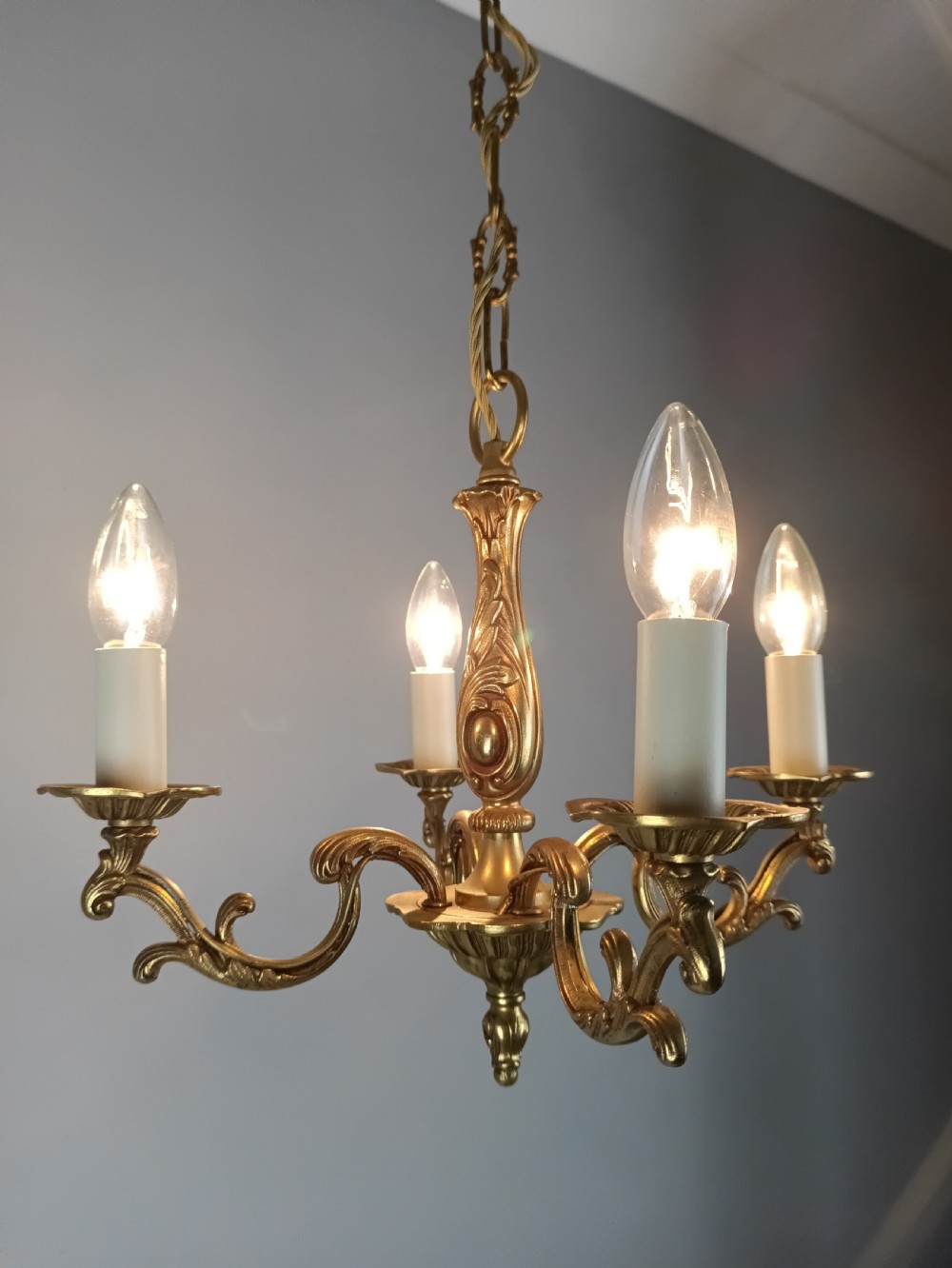 French 4 Light Gilt Brass Chandelier