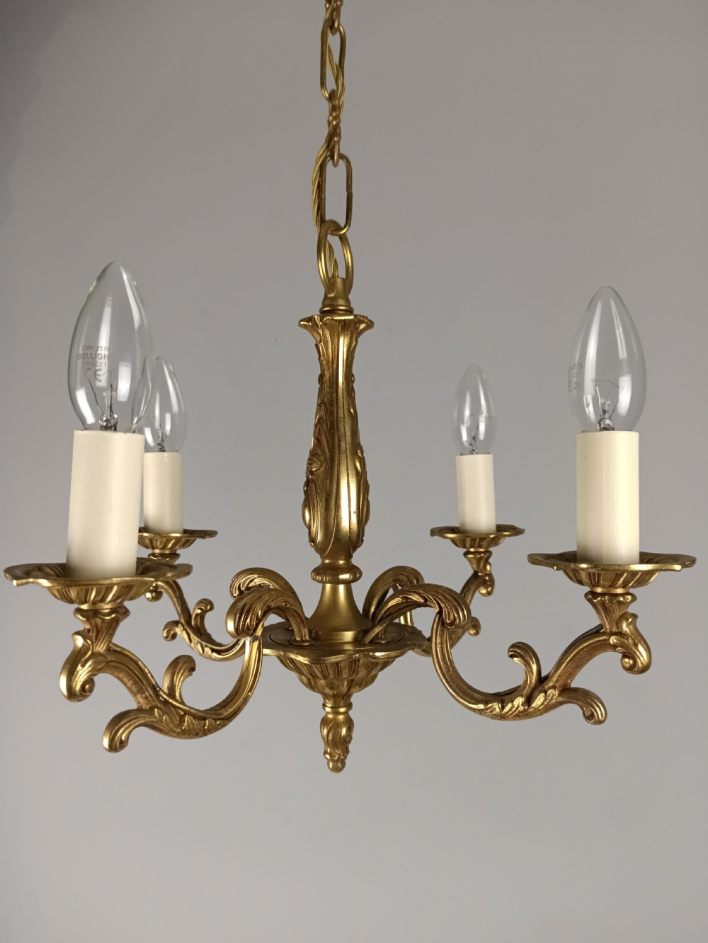 French 4 Light Gilt Brass Chandelier View III