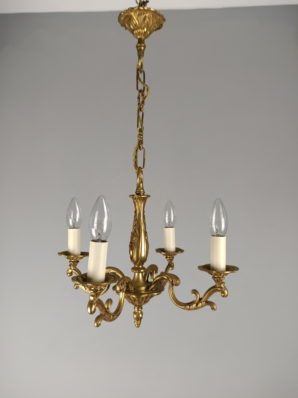 French 4 Light Gilt Brass Chandelier View IV