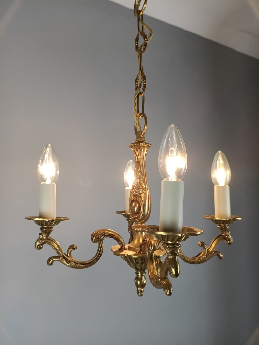French 4 Light Gilt Brass Chandelier View V