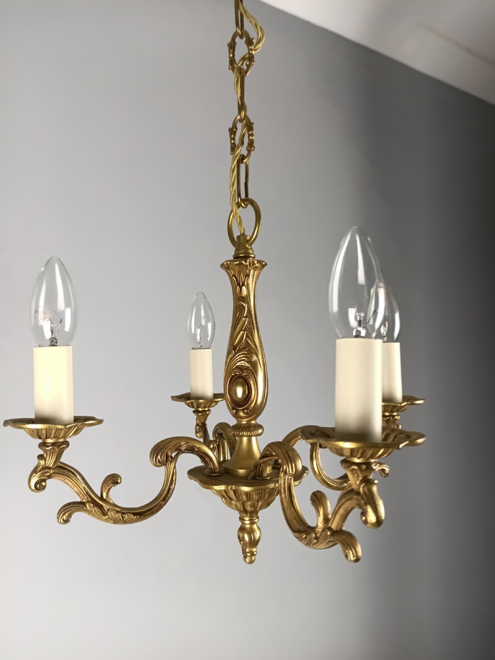French 4 Light Gilt Brass Chandelier View VII