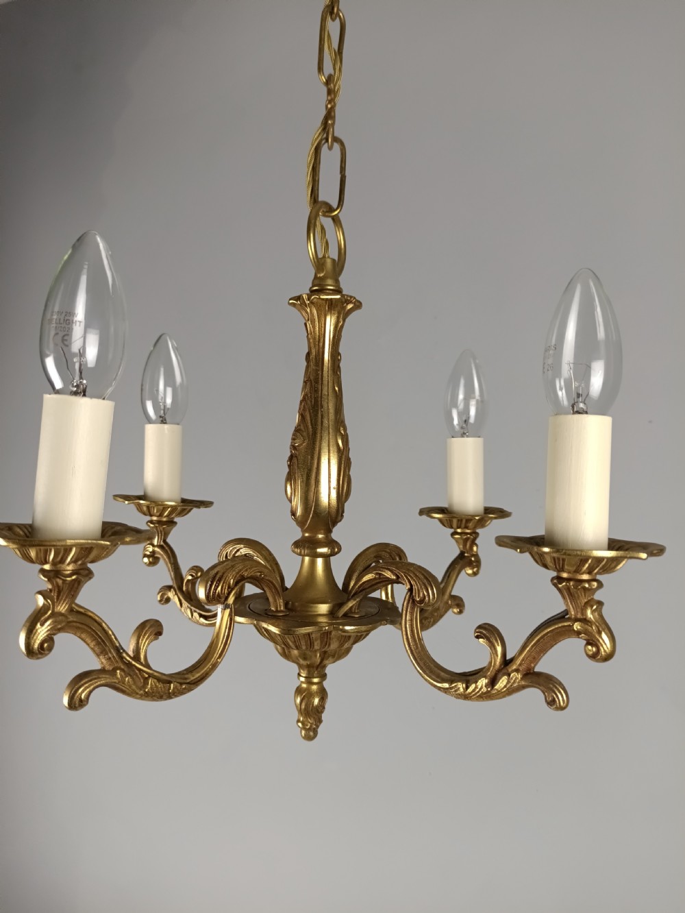 French 4 Light Gilt Brass Chandelier View VIII