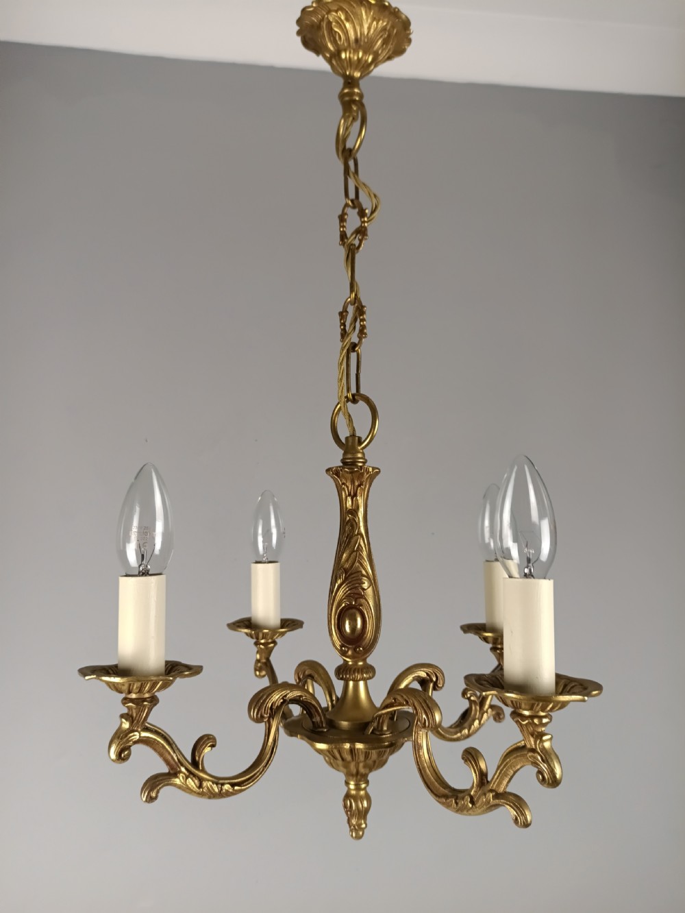 French 4 Light Gilt Brass Chandelier View IX