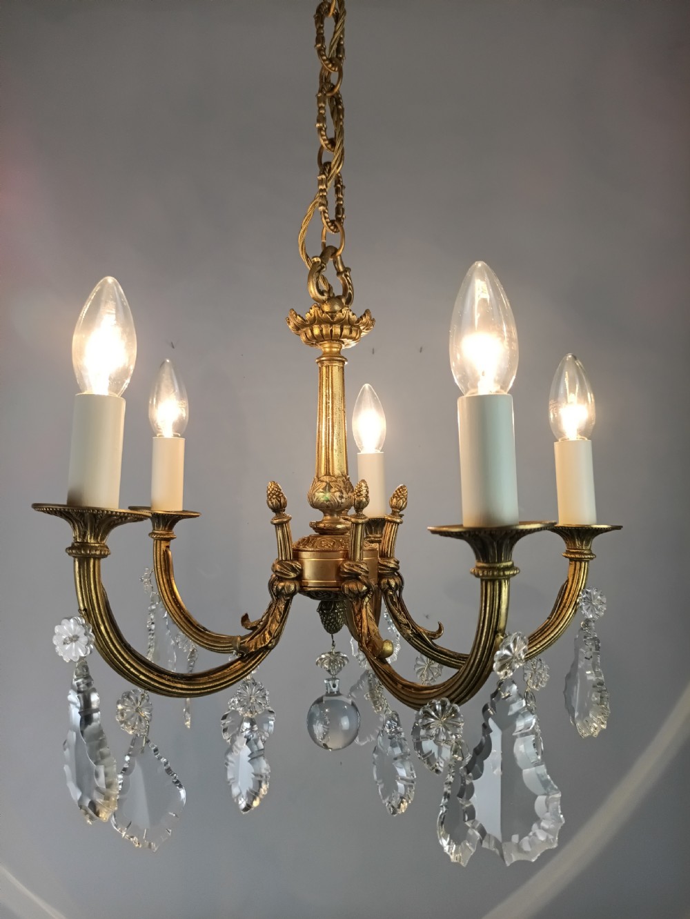 French Gilded & Crystal 5 Light Chandelier