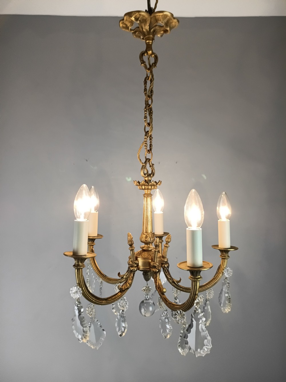 French Gilded & Crystal 5 Light Chandelier View II
