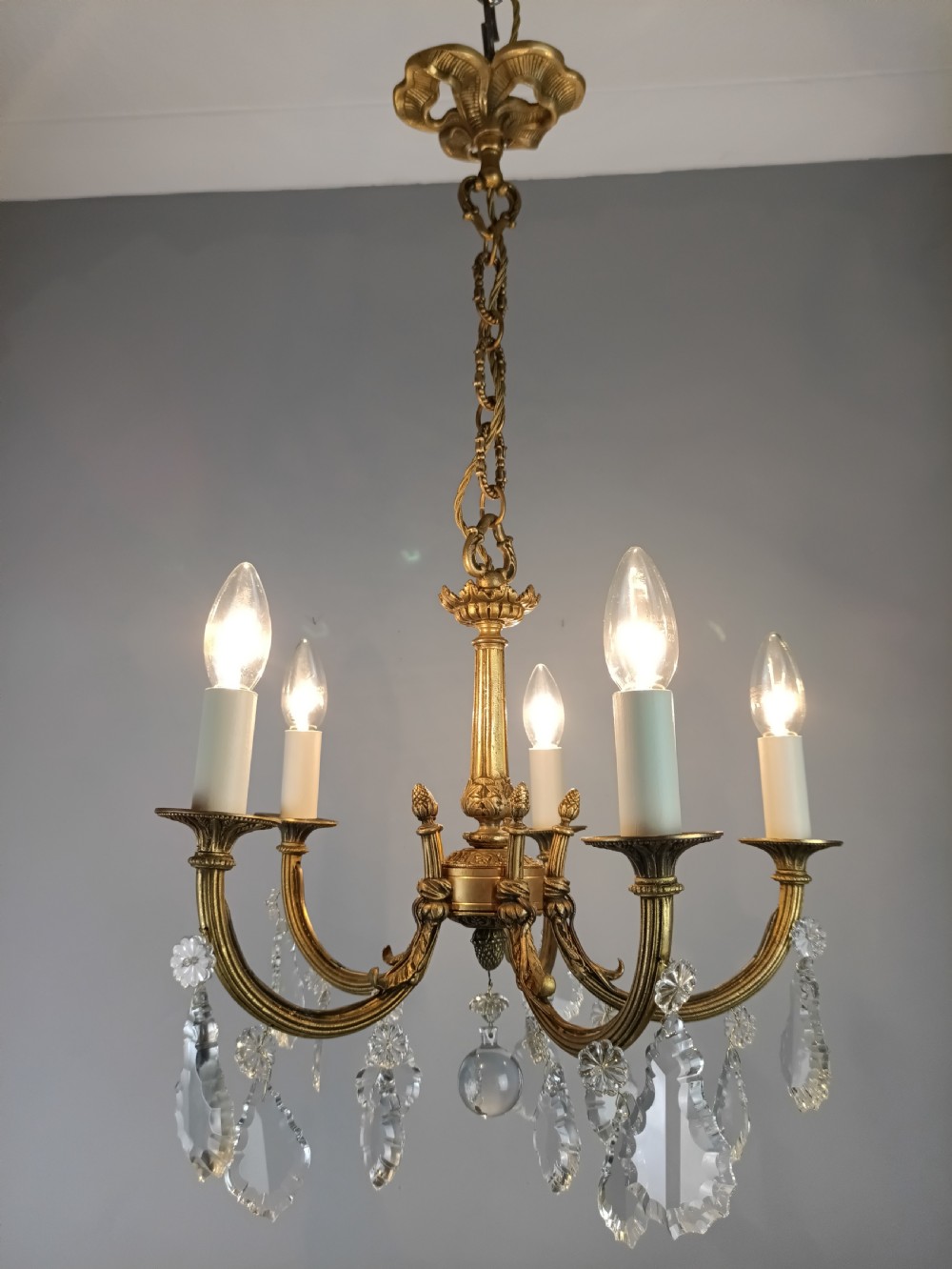 French Gilded & Crystal 5 Light Chandelier View III