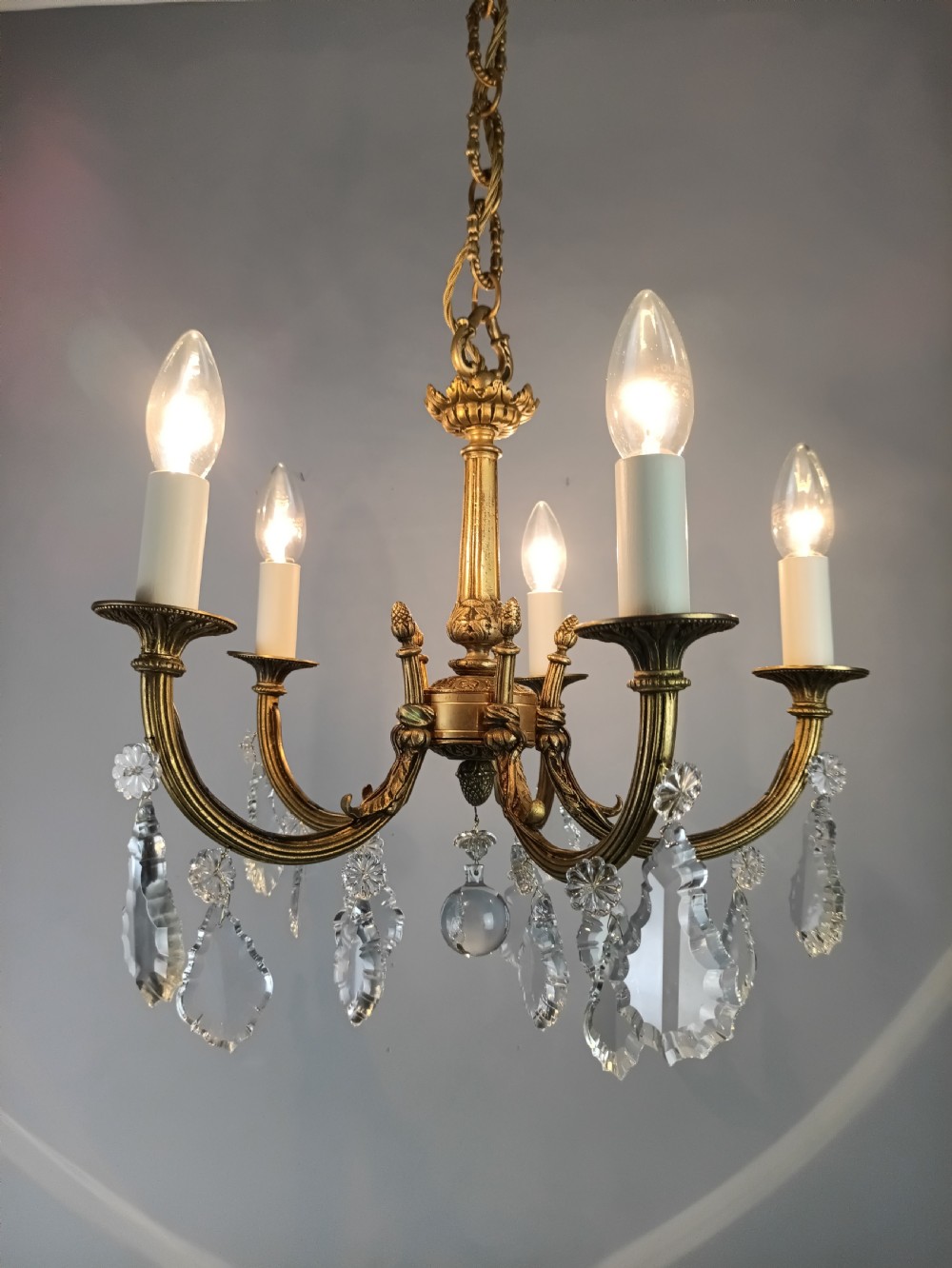 French Gilded & Crystal 5 Light Chandelier View IV