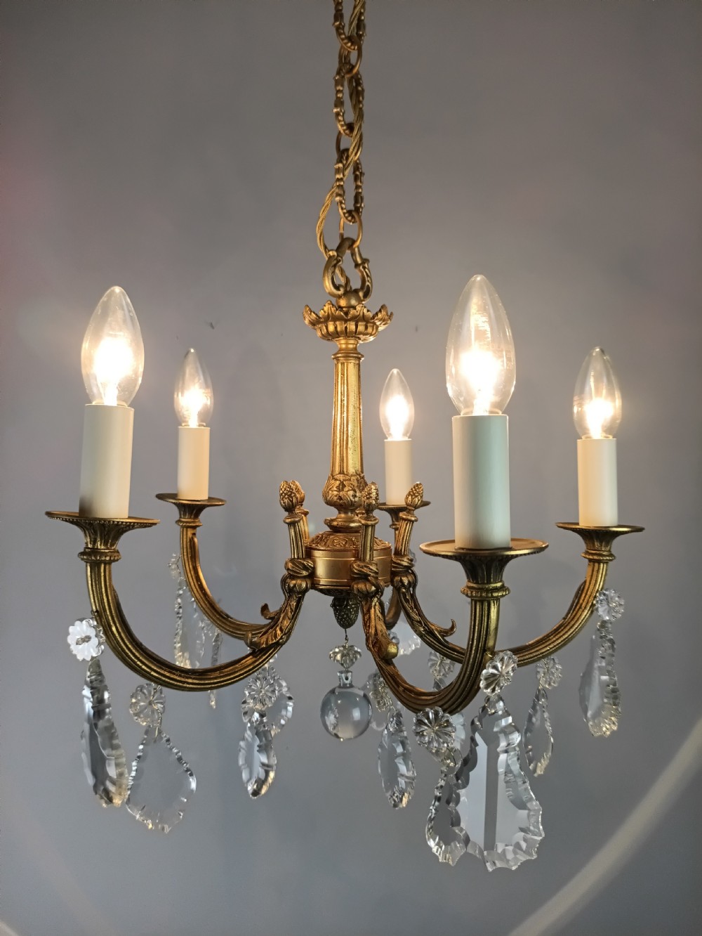 French Gilded & Crystal 5 Light Chandelier View V