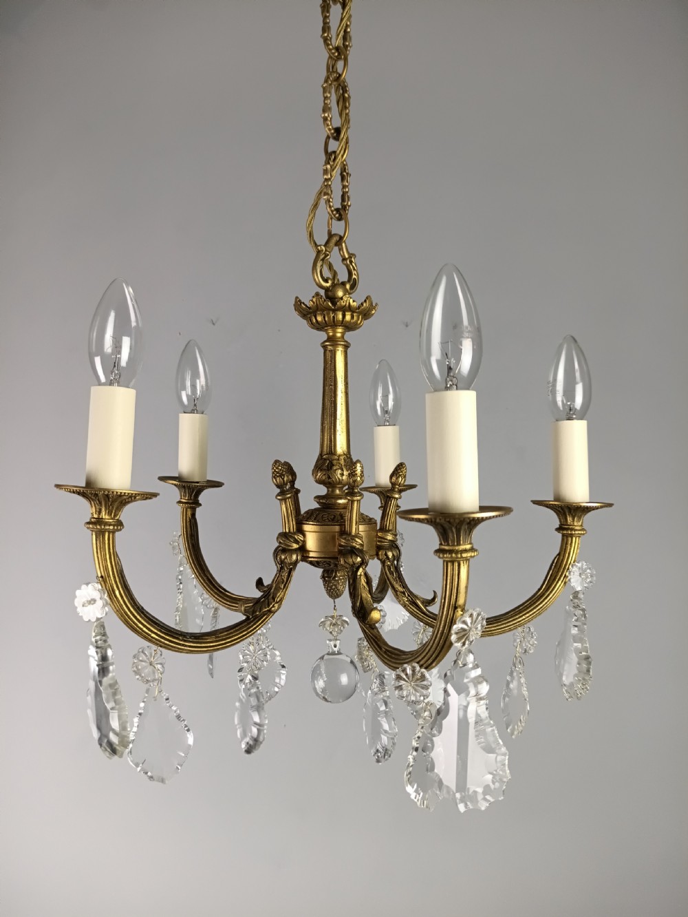 French Gilded & Crystal 5 Light Chandelier View IX