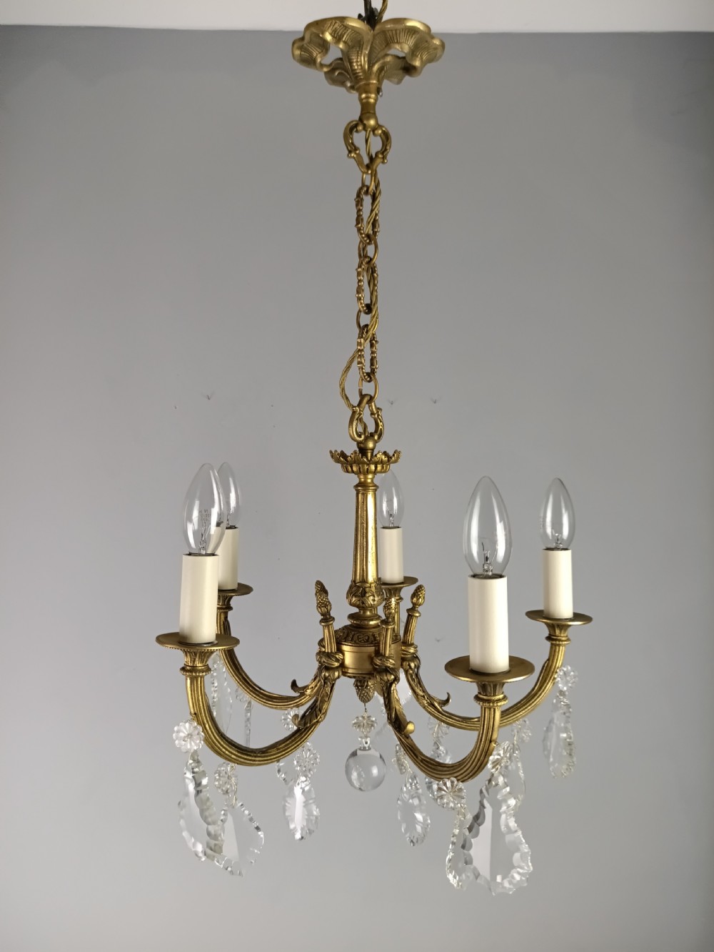 French Gilded & Crystal 5 Light Chandelier View X