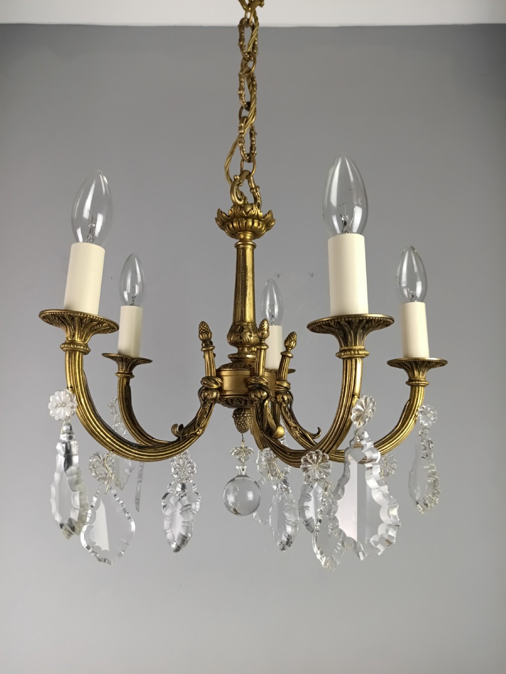 French Gilded & Crystal 5 Light Chandelier View XII