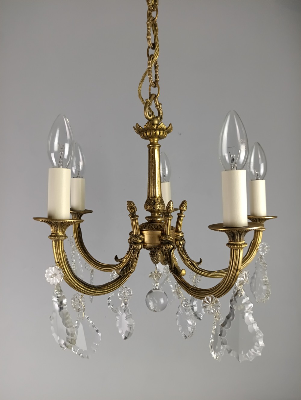 French Gilded & Crystal 5 Light Chandelier View XIV